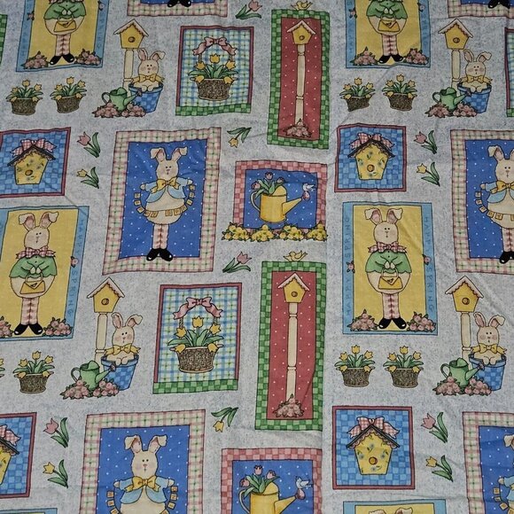 Handmade Blue Blanket Happy Spring Easter Bunny Rabbit Flowers Tulips Birds - Picture 2 of 3